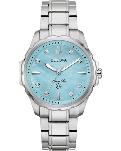 Bulova Marine Star Diamond Accent Stainless Steel Bracelet Watch 36mm - Blue