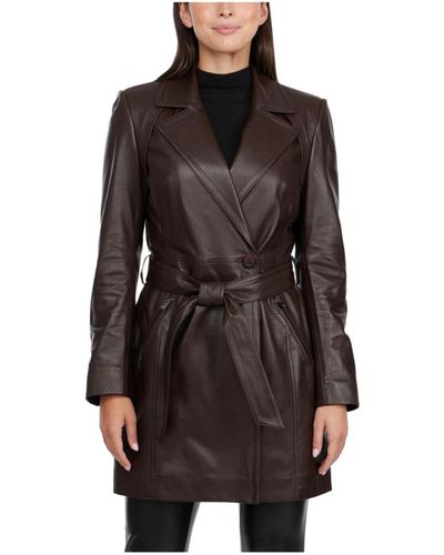Badgley Mischka Teresa Genuine Leather Wrap Trench Coat - Brown