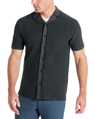 Kenneth Cole Acid Washed Camp Collar Short Sleeve Sweater Shirt - Black
