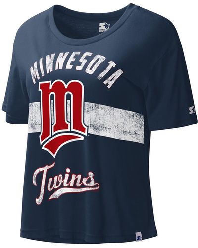 Starter Distressed Minnesota Twins Cooperstown Collection Record Setter Crop Top - Blue