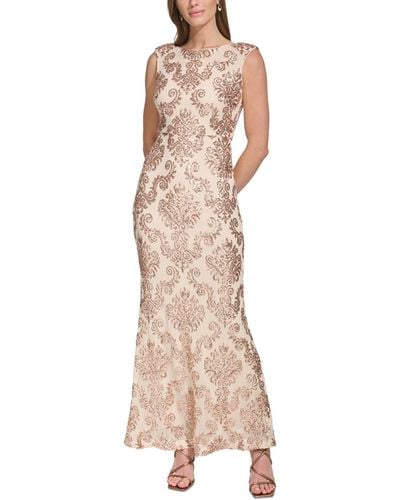 Vince Camuto Sequin Embellished Boat Neck Sleeveless Gown - Natural