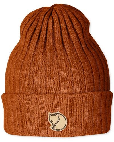 Fjallraven Byron Wool Logo Ribbed Beanie Hat - Brown