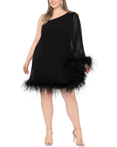 Betsy & Adam Plus Size One-shoulder Feather-trimmed Dress - Black