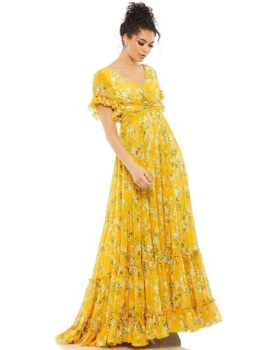 Mac Duggal Ieena Flounce Sleeve Floral Maxi Dress - Yellow