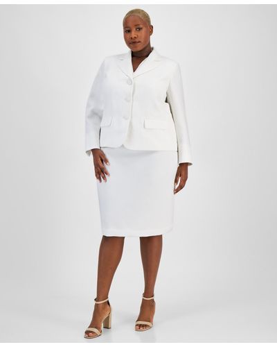 Le Suit Plus Size Textured Two-button Jacket & Skirt Suit - White
