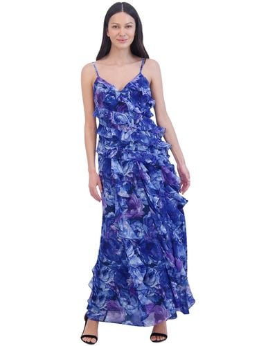 Eliza J Ruffled Floral-print Sleeveless Chiffon Gown - Blue