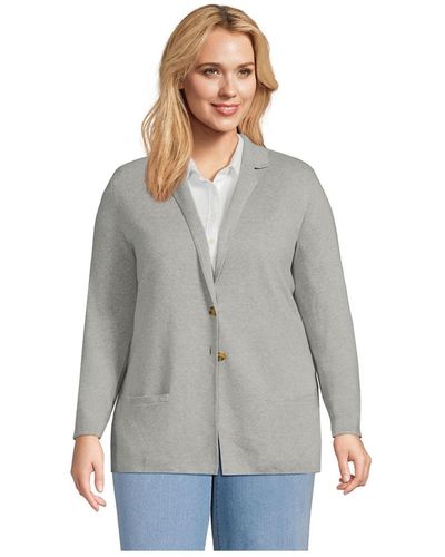 Lands' End Plus Size Fine Gauge Blazer Sweater - Gray