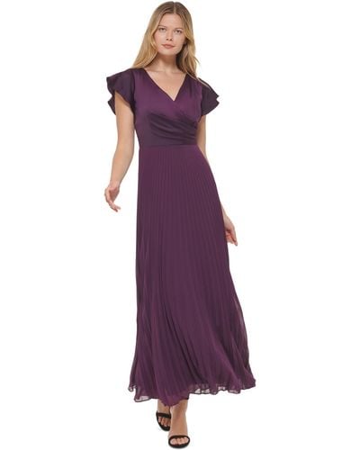 DKNY Pleated Flutter-sleeve Gown - Purple
