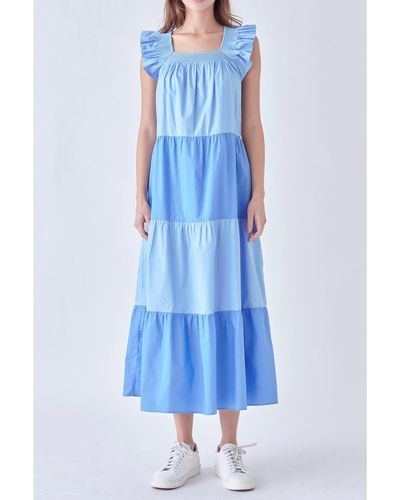 English Factory Ruffle Detail Colorblock Midi Dress - Blue