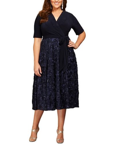 Alex Evenings Plus Size Tea Length Dress With Stretch Jersey Top - Blue