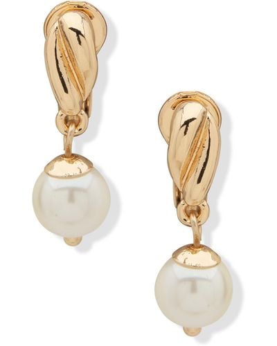 Anne Klein Gold-tone Imitation Pearl Twisted Drop Clip-on Earrings - White