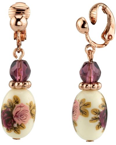 2028 Rose Gold Tone Crystal Bead Flower Drop Clip Earrings - Purple