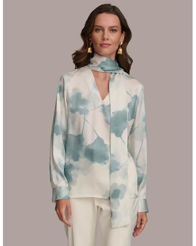 Donna Karan Printed Tie-neck Long-sleeve Blouse - Multicolor