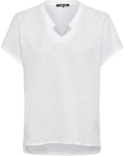 Olsen Cotton Linen Short Sleeve Neck Chain Detail Tunic Top - White