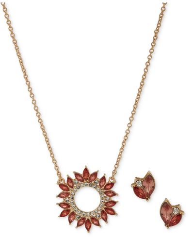 Anne Klein Gold-tone Red Crystal Cluster Stud Earrings & Circle Pendant Necklace Set - Metallic