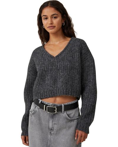 Cotton On Texture Crop V-neck Pullover Sweater - Black