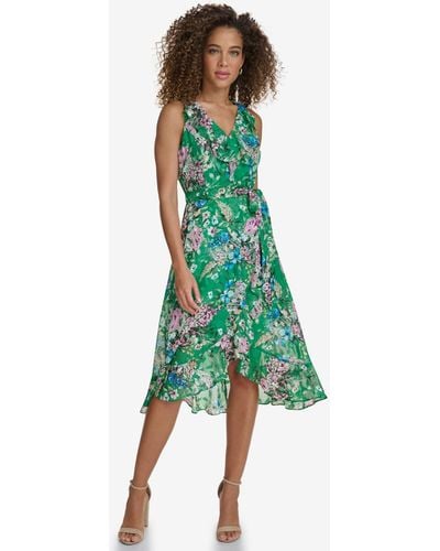 Kensie Floral-print Ruffled Sleeveless Midi Dress - Green