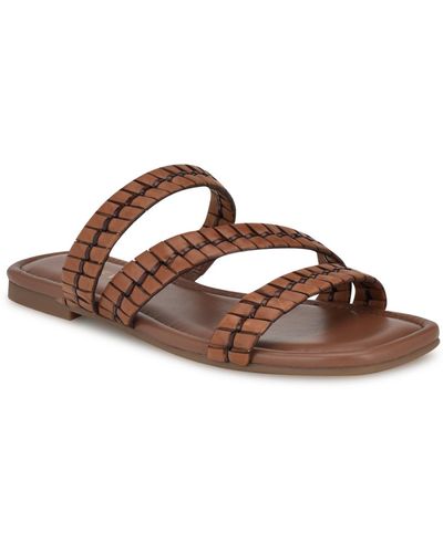 Nine West Quinlea Strappy Square Toe Flat Sandals - Brown