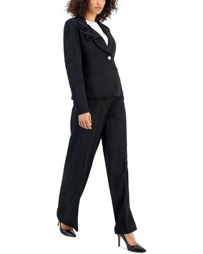 Nipon Boutique Asymmetrical Ruffled One-button Jacket & Wide-leg Pant Suit - Black