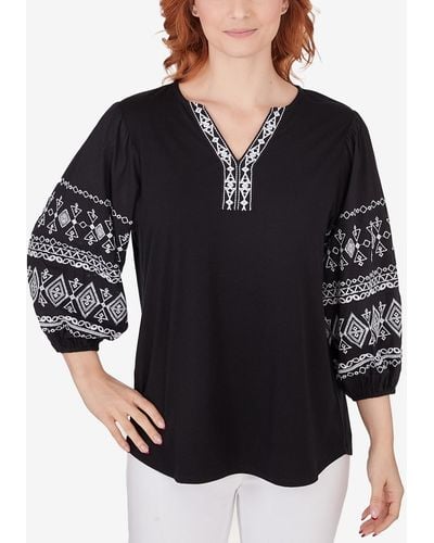 Ruby Rd. Petite Split Neck Embroidered 3/4 Sleeve Knit Top - Black