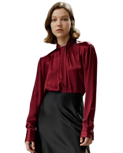 LILYSILK Asymmetrical Embellished Pleats Silk Shirt - Red