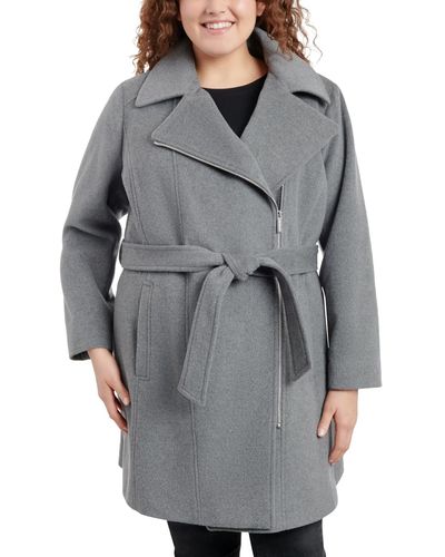Michael Kors Plus Size Asymmetric Belted Wrap Coat - Gray