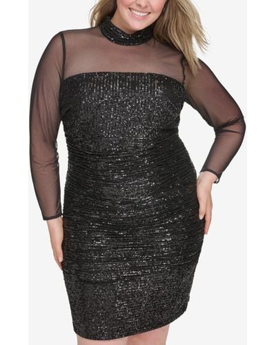 Eliza J Plus Size Illusion-sleeve Sequin Cocktail Dress - Black