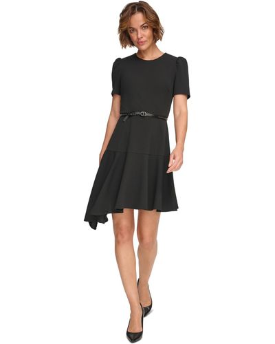 DKNY Belted Asymmetric-hem Ruffle Dress - Black