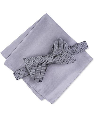 Alfani Grid Pre-tied Bow Tie & Solid Pocket Square Set - Gray