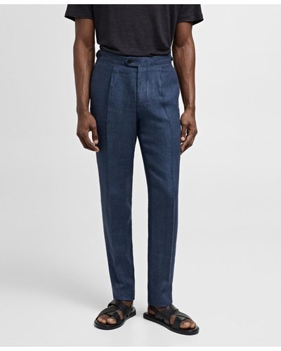 Mango 100% Herringbone Linen Slim Fit Suit Pants - Blue