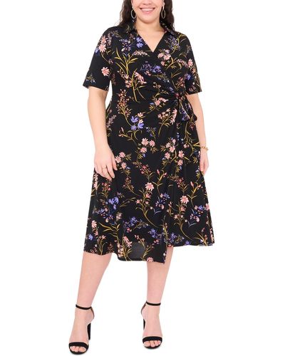Msk Plus Size Floral-print Wrap Midi Dress - Black
