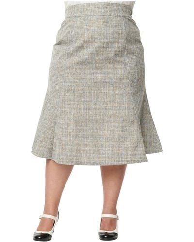 Unique Vintage Plus Size Beige & Baby Blue Tweed Tina Trumpet Skirt - Gray