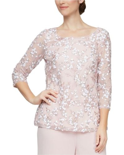 Alex Evenings Embroidered Sequin 3/4-sleeve Top - Pink