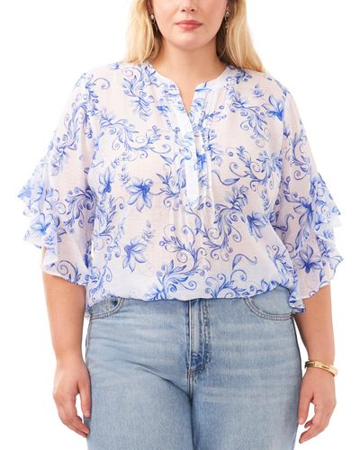 Vince Camuto Plus Size Printed Flutter Sleeve Blouse - Blue