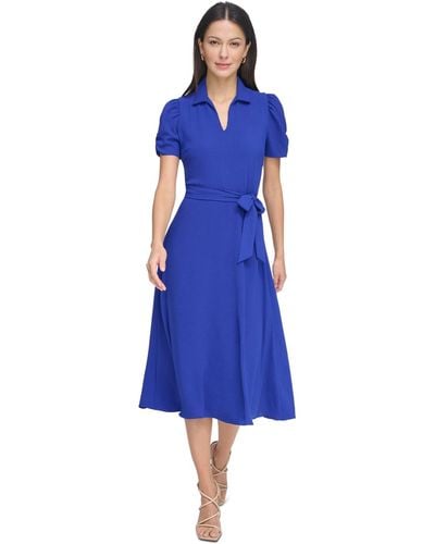 DKNY Tie-waist Point Collar A-line Dress - Blue