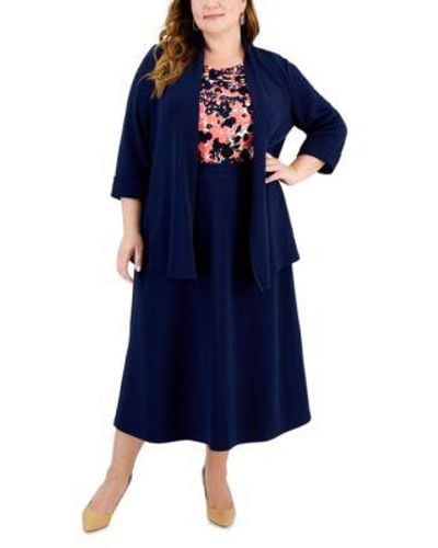 Kasper Plus Size Open Front Cardigan Floral Cowlneck Knit Top Pull On Midi Skirt - Blue