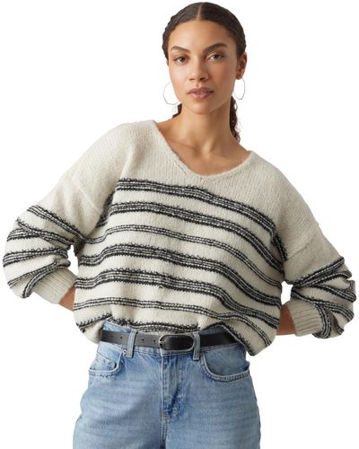Vero Moda Textured-stripe V-neck Sweater - Gray