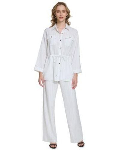 Calvin Klein Striped Drawstring Waist Tunic Wide Leg Cargo Pants - White