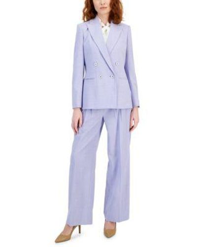 Tahari Ruffled Front Sleeveless Top Herringbone Double Breasted Jacket Pleated Waist Wide Leg Pants - Blue