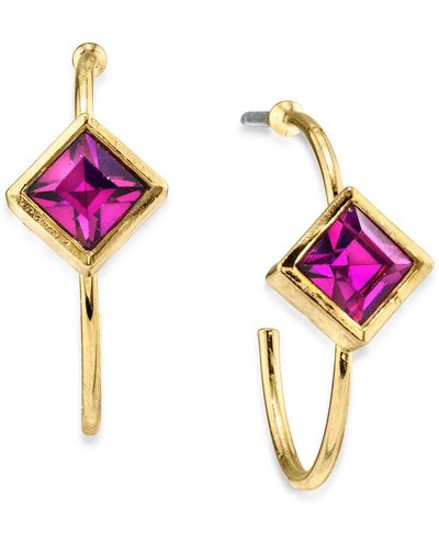2028 14k Gold-tone Diamond Shape Crystal Open Hoop Stainless Steel Post Small Earrings - Multicolor