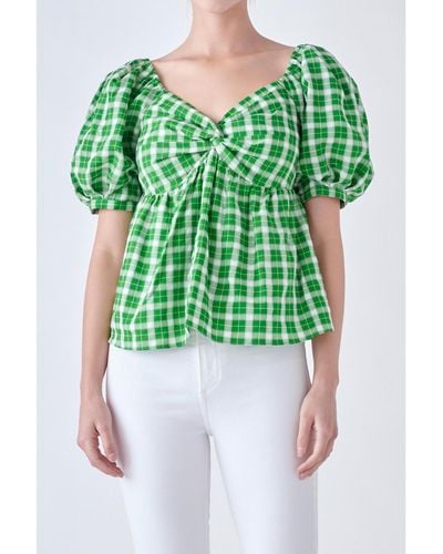 English Factory Gingham Twisted Puff Sleeve Top - Green