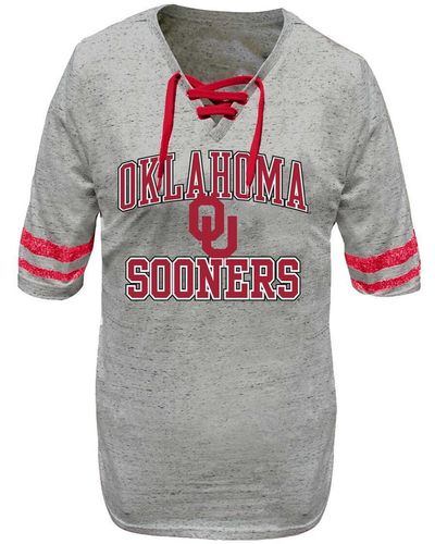 Profile Distressed Oklahoma Sooners Plus Size Striped Lace-up T-shirt - Gray
