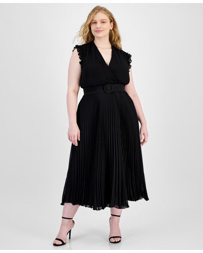 Taylor Plus Size Pleated Belted A-line Dress - Black