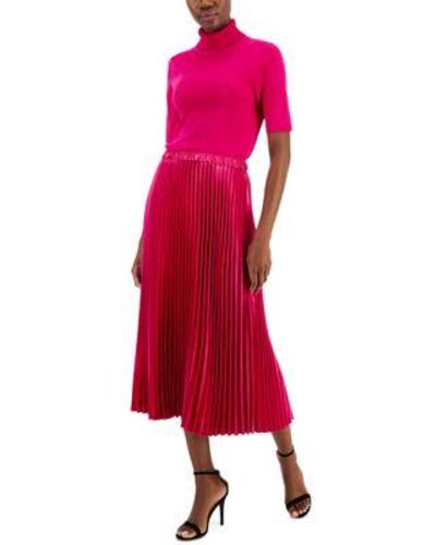 Anne Klein Turtleneck Elbow Sleeve Sweater Satin Crepe Pleated Midi Skirt - Red