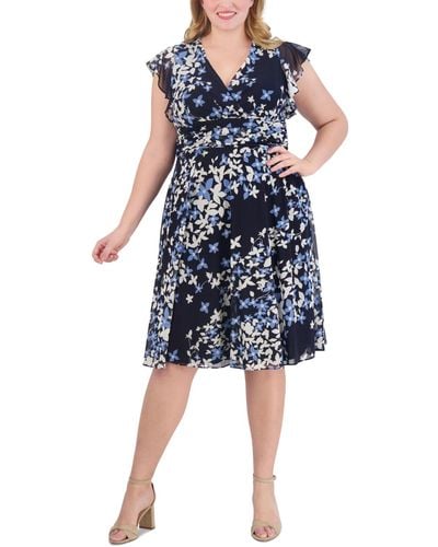 Jessica Howard Plus Size Printed Flutter-sleeve Dress - Blue