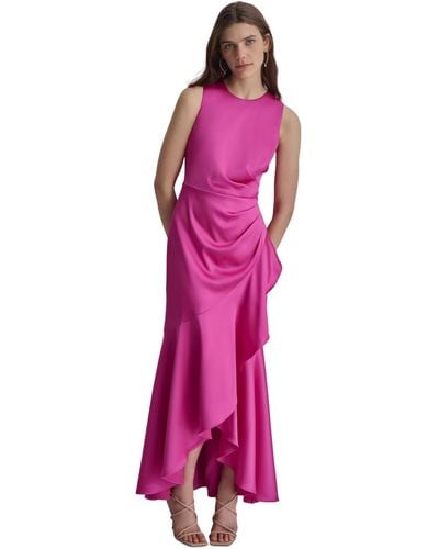 DKNY Satin Ruched Ruffled Gown - Pink