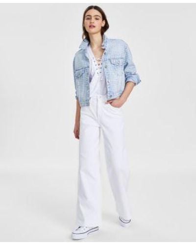 DKNY Oversized Crop Logo Jacket Lace Up V Neck Short Sleeve T Shirt High Rise Flare Leg Jeans - White