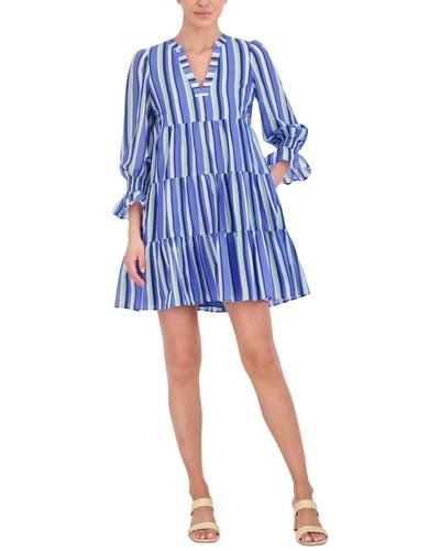 Eliza J Striped Smocked-sleeve Tiered Dress - Blue