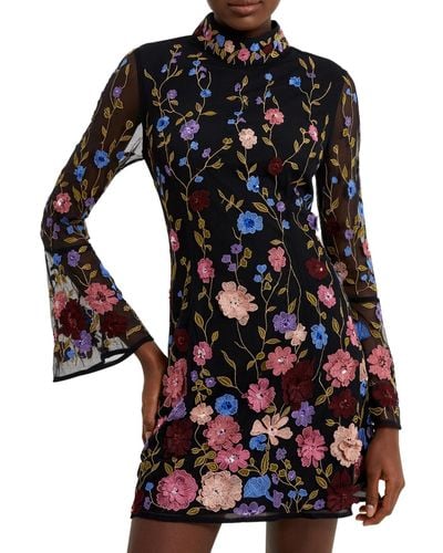 French Connection Floral Embroidered Bell-sleeve Mesh Sheath Dress - Black