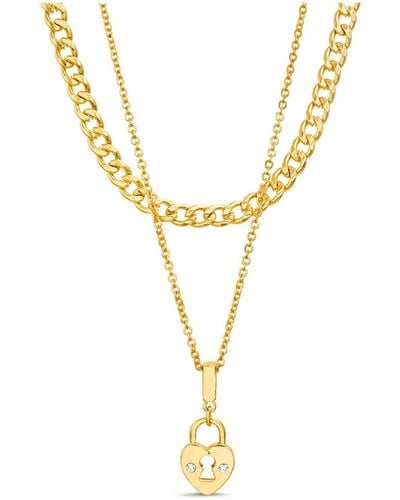 Kensie Rhinestone Double Layered Heart Lock Necklace Set - Metallic